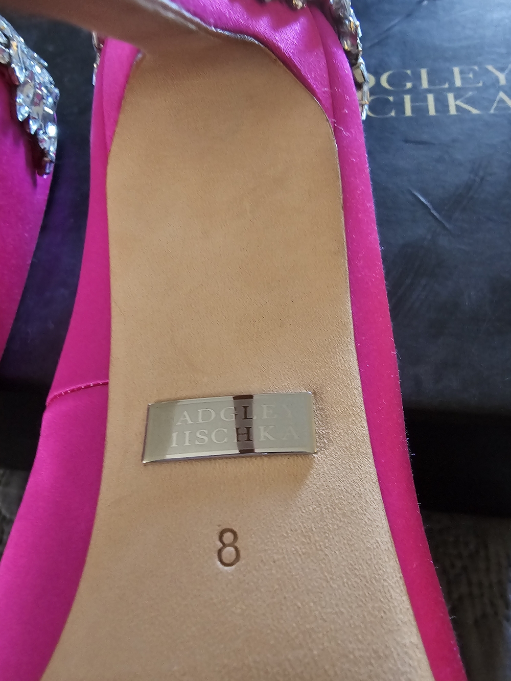 Badgley Mischka Fuchsia Satin Crystal-Embellished Pointed-Toe Pumps - Picture 6 of 7